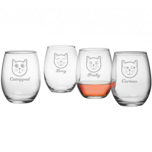 Ly uống rượu vang in hình mặt mèo Susquehanna Glass Feline Faces Stemless Wine Glass, Set of 4