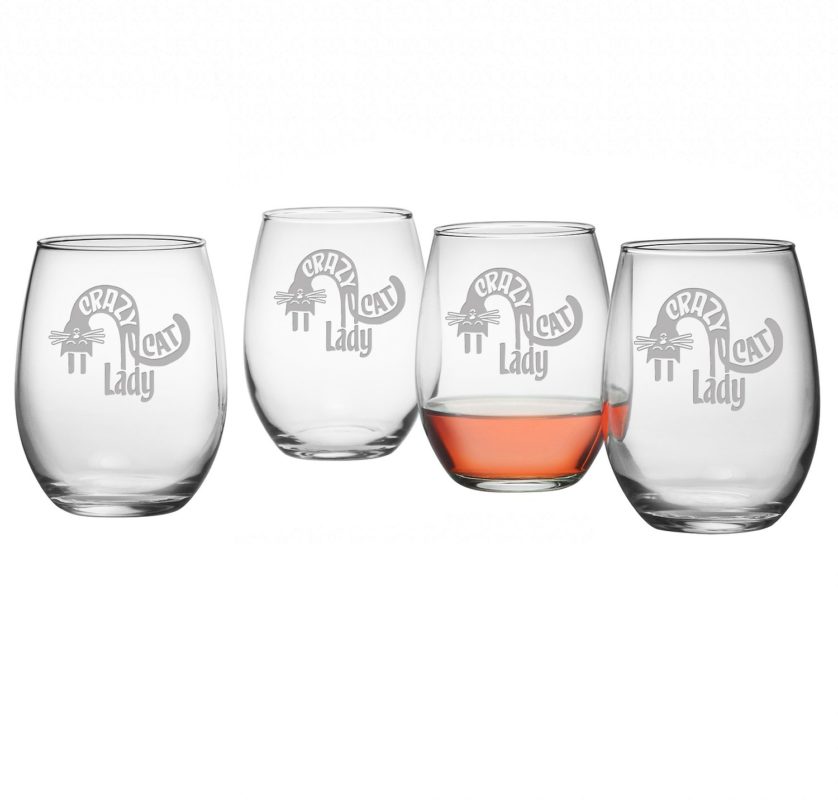 Ly uống rượu vang in hình mèo Susquehanna Glass "Crazy Cat Lady" Stemless Wine Glass, Set of 4